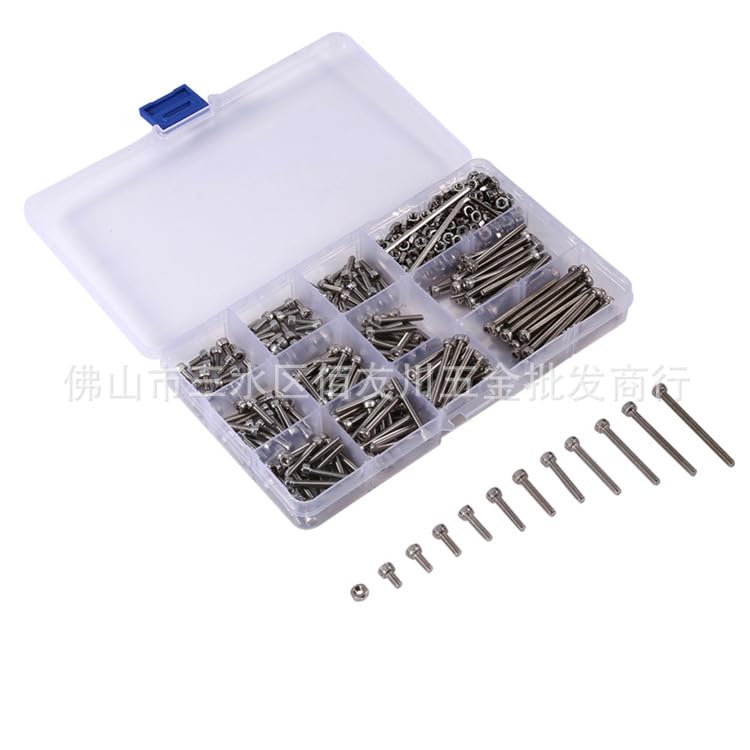 Generic 440pcs M3 304 Stainless Steel Hex Hexagon Socket Screw Nut Set Flat Head Thin Low Short Profile Head Cap Screw Bolt L6-40mm - (Size: 440pcs Set Stainless)