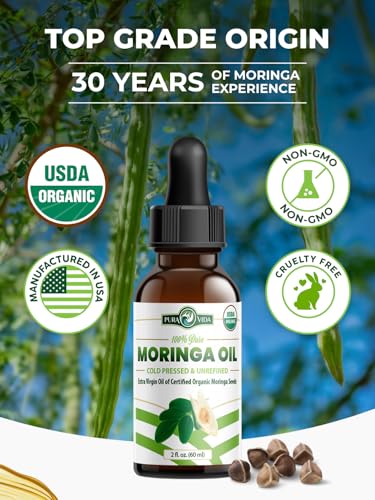 USDA Organic Moringa Seed Oil: 100% Pure, Cold Pressed, Unrefined Moringa Oleifera Seed Oil. 2 oz Bottle with Treatment Pump. For Skin and Hair - Food Grade for Oral Consumption