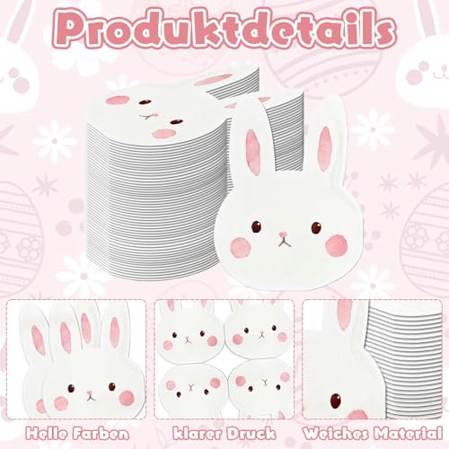 40 Stück Servietten Ostern Frühling Hasen Form - Süße Osterservietten Klein 3-lagig - Oster Tischdeko Hase für Kindergeburtstag Party - Papier Deko Weiß Rosa