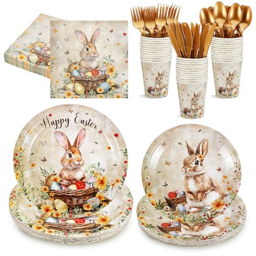 Teenyyou 175 Pcs Easter Party Supplies Vintage Easter Decorations Plates and Napkins Set Retro Bunny Egg Theme Tableware Serve 25 Guest Disposable Dinnerware for Holiday Party Table Decor