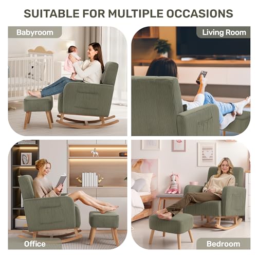 Image of HCHAIRH Rocking Chair with Ottoman, Upholstered Glider Rocker with High Backrest and Side Pocket, Corduroy Comfy Reading Chair with Solid Wood Legs for Nursery, Living Room,Bedroom Olive Green