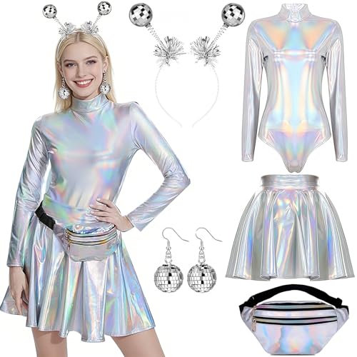 Alien Kostüm Damen Set,Space Girl Kostüm,Body Silber Kostüm Set mit Glitzer Oberteil,Rock, Bauchtasche, Alien Haarreif und Ohrringe,alien Rave...