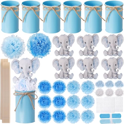 Spiareal 6 Sets Blue Elephant Baby Shower Vase Decorations, Cute Pom Poms Centerpieces for Tables with Tin Vases Sticks, Animal Theme Gender Reveal Photo Booth Props Birthday Party Supplies