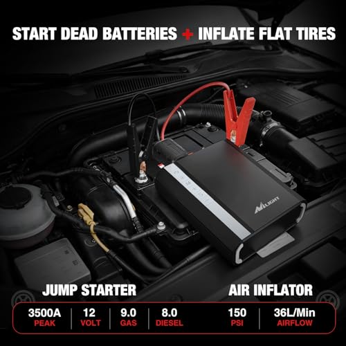 Image of Nilight Jump Starter with Air Compressor 3500A 150PSI Portable Car Battery Booster 9.0 Gas & 8.0L Diesel with Auto-Shutoff Digital Tire Inflator 12V Battery Power Supply w /Large LCD Display