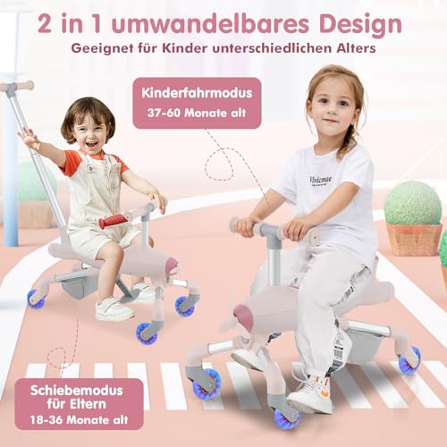 COSTWAY Dreirad mit Schubstange, 2 in 1 Schiebeauto & Rutschauto mit LED Rädern, Laufrad in Flugzeugoptik für Kleinkind ab 18 Monaten, Kinderdreirad mit Pedal und Stauraum, bis 50kg belastbar (Rosa) – Bild 4