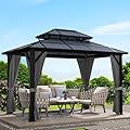 12'x10' Hardtop Gazebo, Heavy Duty Aluminum Permanent Hardtop Gazebo Outdoor Pavilion with Curtains and Netting for Garden (Gray, PC Top / 12'x10')