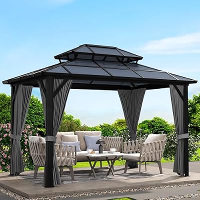 12'x10' Hardtop Gazebo, Heavy Duty Aluminum Permanent Hardtop Gazebo Outdoor Pavilion with Curtains and Netting for Garden (Gray, PC Top / 12'x10')