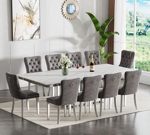 Image of Modern Extendable Dining Table Set for 10, Faux Marble Expandable Table with 10 Grey Velvet Chairs & Silver Mirrored Pedestal Base, 63 inch to 94 inch 3-Position Expansion, 11 Piece Luxury Dining Table Set