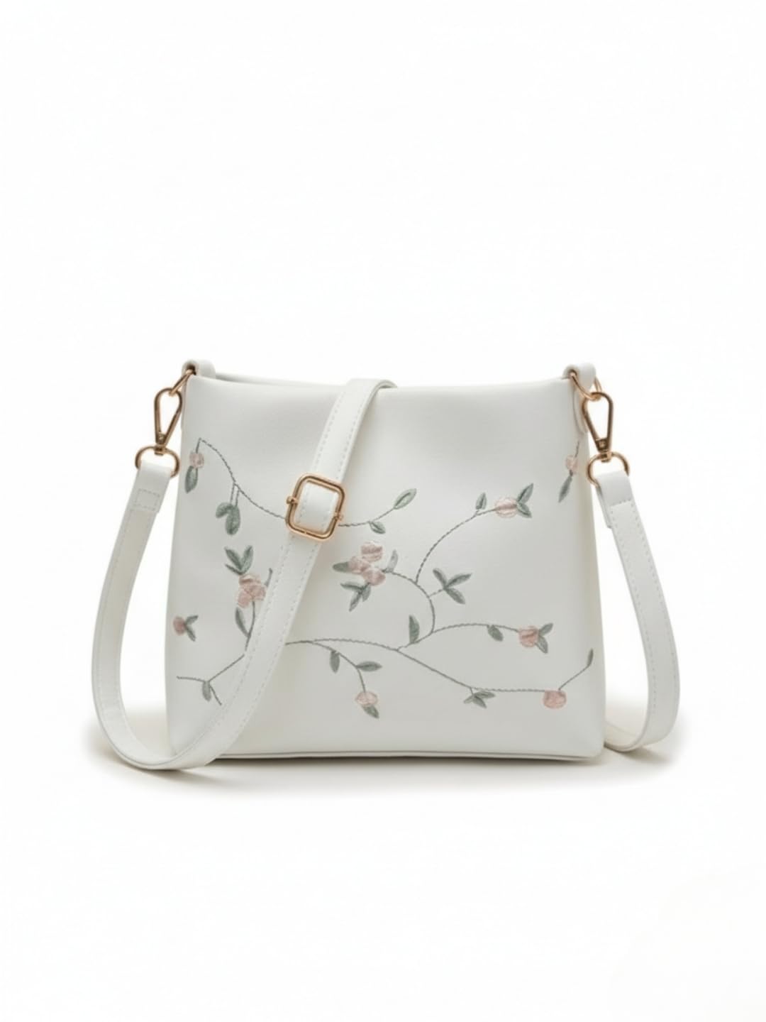 Women’s PU Sling Bag with Floral Vine Embroidery | Stylish Zip Closure Crossbody for Daily Use