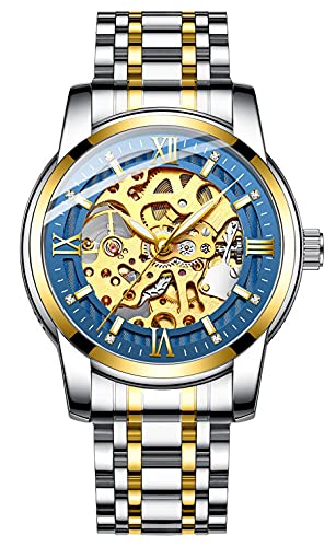 TEINTOP Men's Watch Skeleton Mask Automatic Mechanical Stainless Steel Band (Gold Blue)
