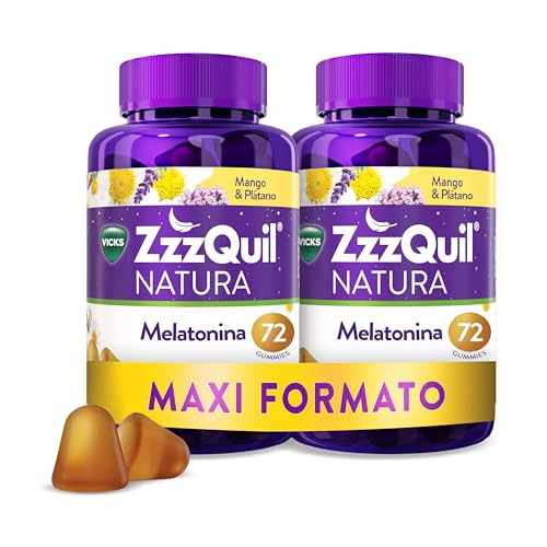 Las 10 pastillas tranquilizantes más valoradas en Amazon 23 ZzzQuil Natura Gummies de Melatonina 1mg con Valeriana, Complemento Alimenticio para dormir sabor Mango y Plátano, 2x72 Gummies