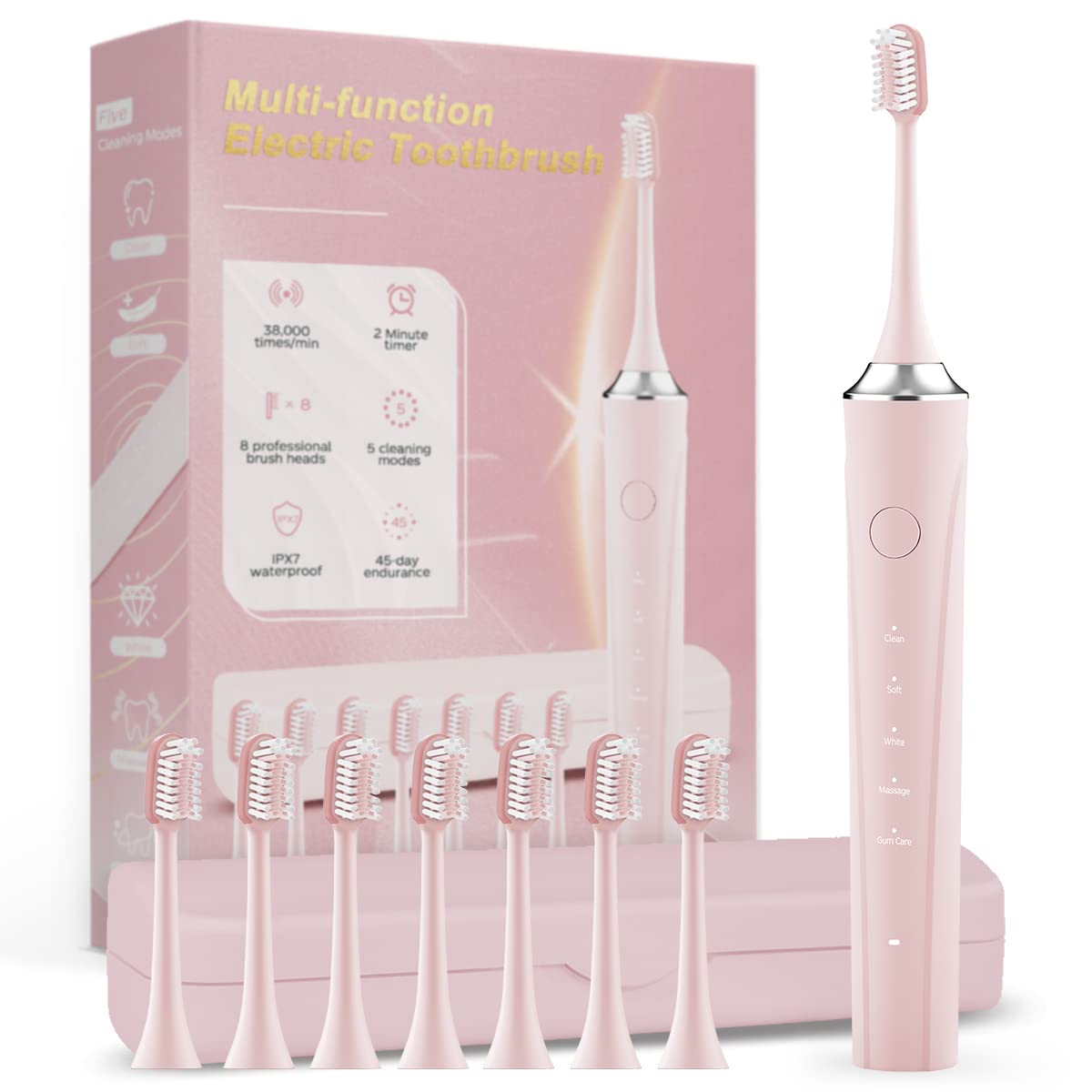 Pink Sonic Electric Toothbrush with 5 Modes and 8 Brush Heads