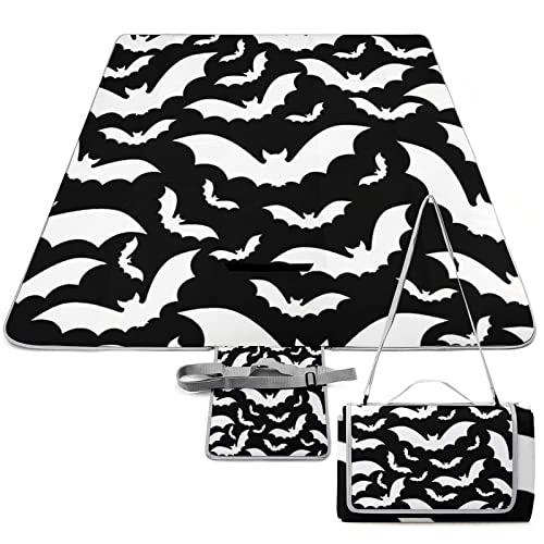 Kazynee Gothic Halloween Bat Beach Picnic Blanket Horror Halloween Black and White Bats for Outdoor Picnics, Beach, Camping 58.3x58.3 Inch