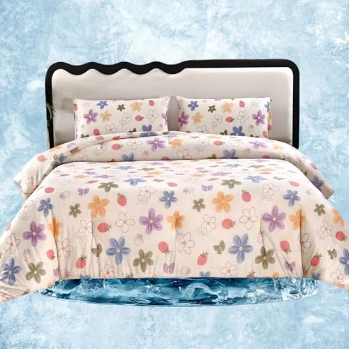 SDY Silky Cooling Comforter Hot Sleeper, Floral Bow Strawberry Comforter Full Includes 1 Comforter + 2 Pillowcases for Summer, Cozy Cooling Bedding for Night Sweats Hot Sleeper
