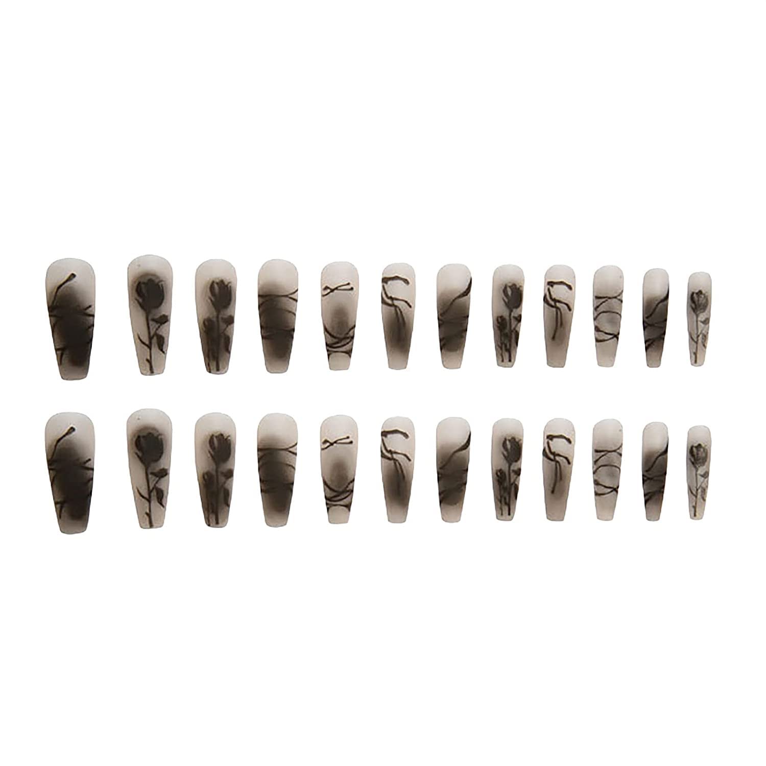 AKAZI Unghie a Pressione Nere Press-On Manicure Primavera Geometria Stampa Acrilico French Nail Tips Finitura in Gel Finitura Opaca Unghie finte con Design per Nail Art per Donne e Ragazze