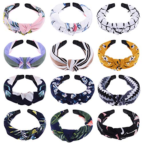 SIQUK 12 Pieces Headbands with Twist Knot Headband Cross Knot Turban Floral Print Headband for Women and Girls, Large