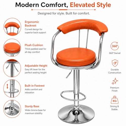 Image of Kemon Modern Adjustable Swivel Bar Stool Chair with Backrest, PU Leather Hydraulic Counter Stool with Footrest for Kitchen Island, Cafe & Home Bar (1, Orange, Round Barrel Stool)