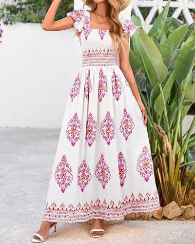 BTFBM Summer Dresses for Women 2025 Floral Smocked Boho Sleeveless Square Neck A Line Casual Beach Maxi Dress Pockets
