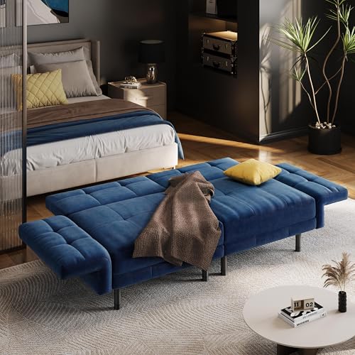 Yaheetech Trennbares Sofa mit Schlaffunktion, Schlafsofa 2 Sitzer aus Samtstoff, Schlafcouch mit 4 Kissen, 170x80x72.5 cm Multifunktionaler Schlafsessel fürs Wohnzimmer/Schlafzimmer/Gästezimmer, Blau