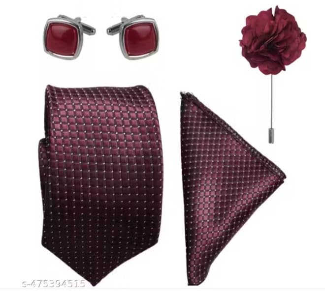 Maroon Check Dotted design micro print fine Necktie Gift Set With Pocket Square, 2 pcs Cufflinks & Lapel Pin Formal Tie With (Leatherite Gift Box) (Pack of 4 pcs) (Maroon)-image-37