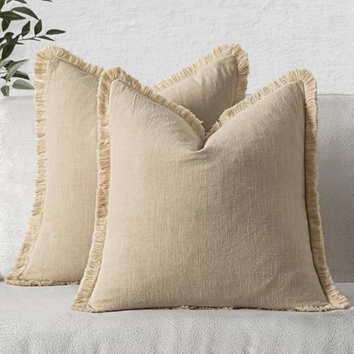 Image of MIULEE Decorative Throw Pillow Covers Neutral Linen Fringe Throw Pillows Set of 2 Beige Boho Farmhouse Cushion Covers with Tassels for Couch Sofa Bed Living Room Spring Home Decor 16x16 Inch