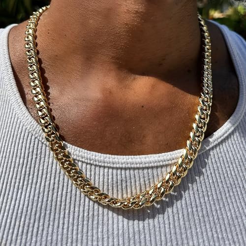 14K Gold Plated Cuban Link Chain for Men, 12MM 316L Stainless Steel Necklace, Gift for Birtday Holiday(Delicate Packing, Double Safety Clasp)4