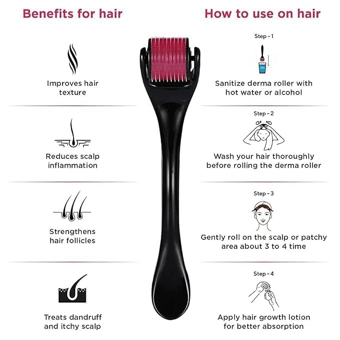iYOGIzz Derma Roller 0.5mm for Hair & Beard Growth – 540 Titanium Micro Needles for Hair Regrowth, Beard Growth, Acne Scar Reduction & Skin Rejuvenation – Safe for Men & Women (Black) 3