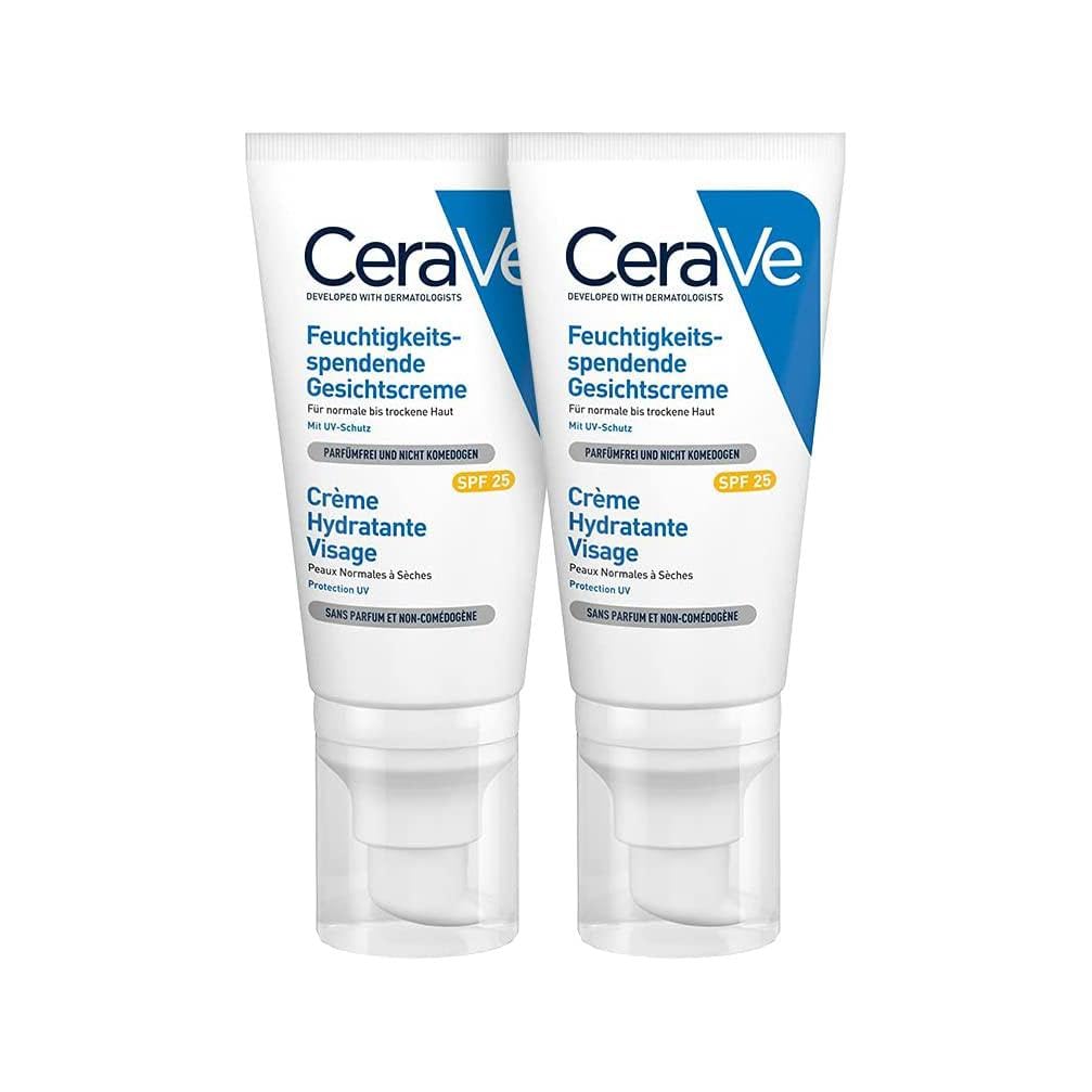 CeraVe Crema Idratante Viso SPF 25, Per Pelli da Normali a Secche, Idratazione Profonda, Ad Assorbimento Rapido, Con Protezione Solare SPF 25 e Acido Ialuronico, 2 x 52 ml