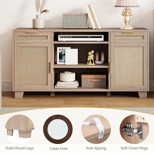 DWVO TV Stand for TVs up to 65 Inch, Entertainment Center with Storage, Boho TV Media Console with 2 Drawers, Rattan Door Cabinets, Adjustable Shelf for Living Room (Natural Oak)