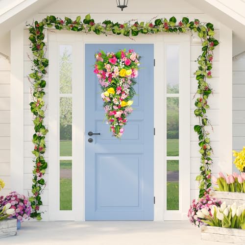 Spring Teardrop Swag, 23.6inch Decorative Floral Swag with Rose Flowers, Artificial Rose Swags, Wedding Arch Flowers Greenery Floral Arrangement for Home Table Door - Image 5