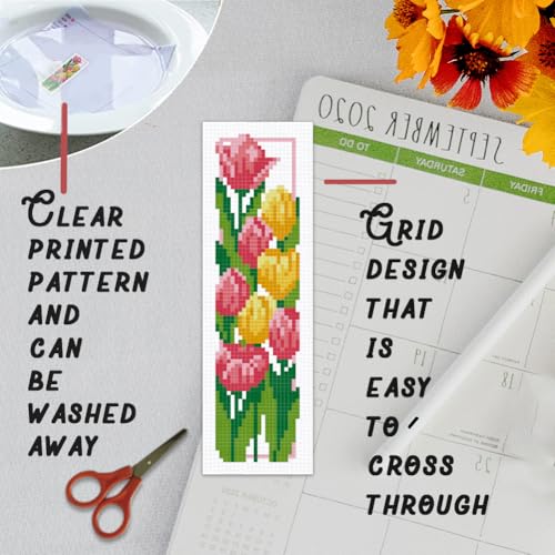 Image of BEUNITONE 6 Set Floral Bookmark Cross Stitch Kits for Beginners with Instructions Floral Bookmarks Cross-Stitch Kit Stamped Embroidery Bookmark DIY Crafts Book Marker for Book Lovers 8''x2.4'' 11CT