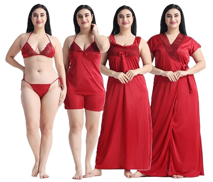 Satin 6 Piece Nightwear Set, Coral Pink Lace Trim Sleepwear with Robe, Nighty, Top, Shorts, Lingerie Set for Women, Summer Collection-Mehndi Green.
