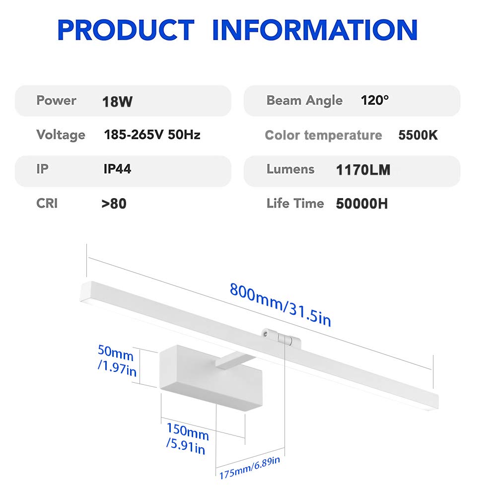 Klighten Lámpara LED de Espejo 24W 1170LM Lámpara de espejo Aplique 80cm 5500K Luz natural para Espejo Muebles de Maquillaje Aparato Montado en la Pared