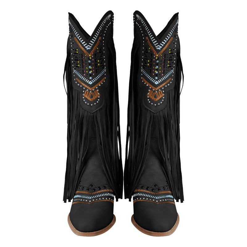 Image of LISHAN Women's Western Cowboy Cowgirl Boots Fringed Tassel Block Heels Embroidered Calf High Boots