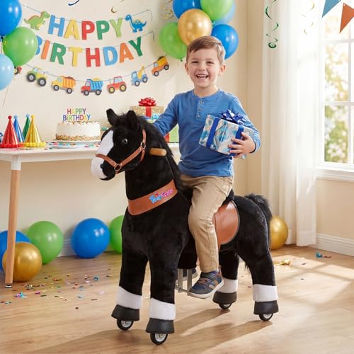 Image of PonyCycle Official Classic U Series Ride on Horse Toy Plush Walking Animal Black Horse Size 4 for Age 4-8 Ux426