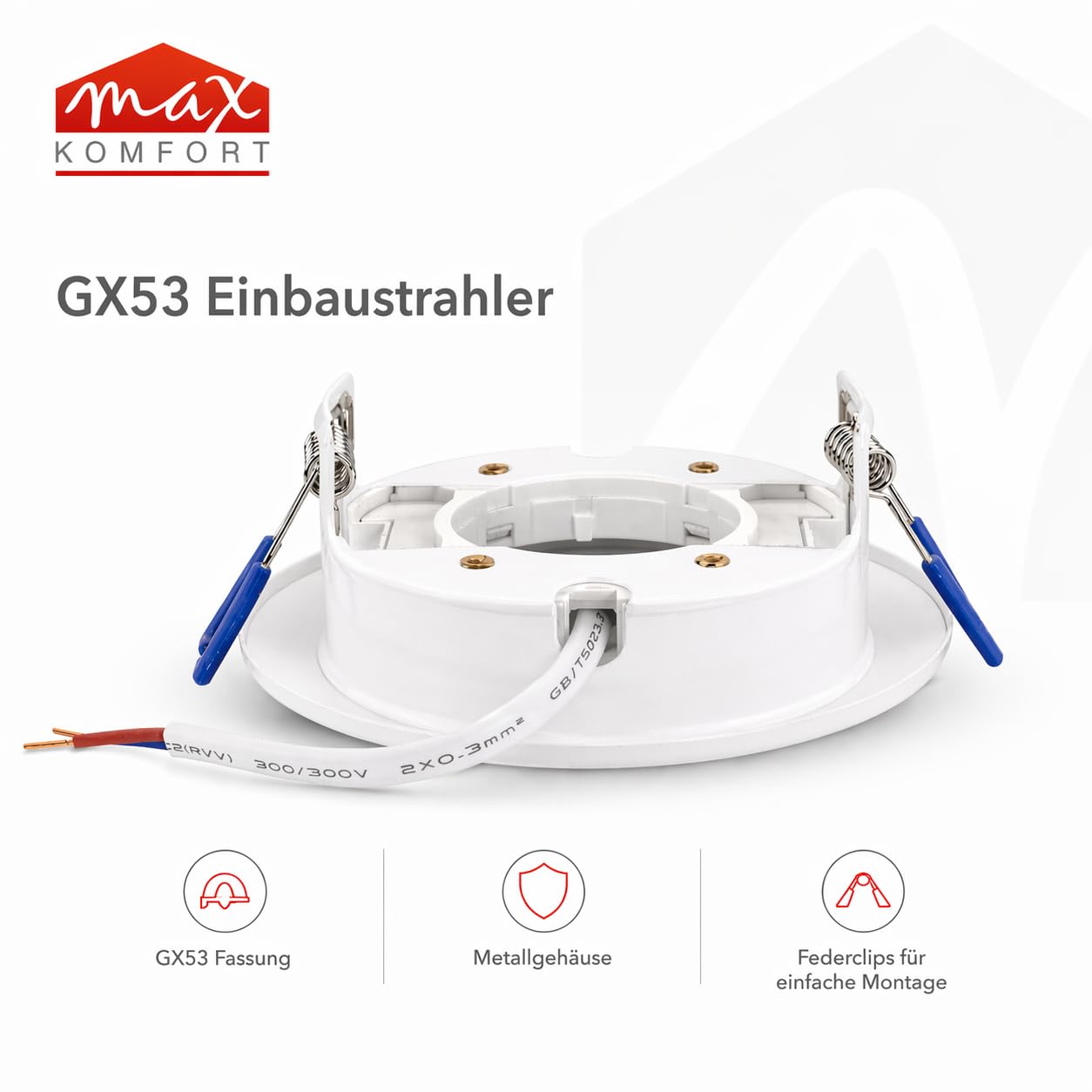 Maxkomfort 20er Set LED Einbaustrahler GX53 Fassung Weiß - Max 13W Einbauleuchte Deckenstrahler Ø90mm Bohrloch 35mm Flache Einbautiefe - Metall Deckenspot Einbauspot für Wohnzimmer Hausbau - GX61-WH