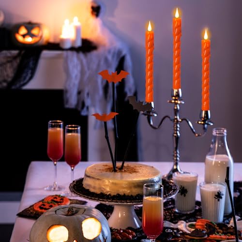 Image of Orange Flameless Flickering Taper Candles Battery Operated with 10-Key Remote and Timer, 6 Pack Plastic 3D Wick Dripping Effect LED Taper Candles Dinner Halloween Decor(0.78 inch D x 9.65 inch H)
