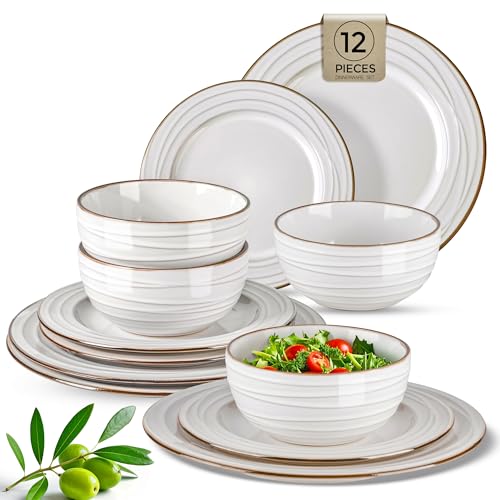 GBHOME Ceramic Dinnerware Sets,12 pcs Embossed Elegant Stoneware Plates and Bowls Sets, Housewarming Wedding Gift | Dishwasher & Microwave Safe | Dishes Set Service for 4
