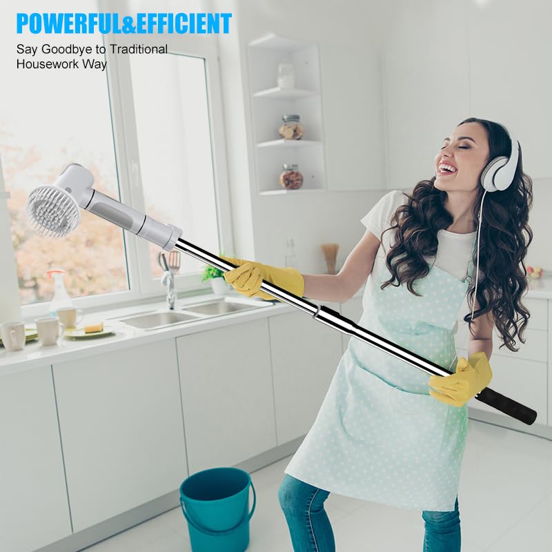 Image of Electric Spin Scrubber for Home Cleaning, Cordless Rechargeable Cleaning Brush with 8 Replaceable Brush Heads, Extendable Handle, Dual Speed, Bathroom, Floor, Tile, Kitchen & Shower Cleaner
