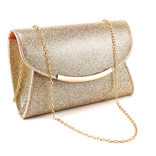 Anladia Sac de soirée Pochette Clutch Sac à main avec chaînette PU poudré Forme X doré rose