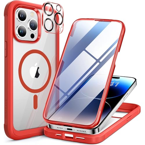 Image of Miracase Magnetic for iPhone 14 Pro Max Case 6.7 inch, (Compatible with MagSafe) Upgrade Full-Body Clear Phone Bumper Case with Built-in 9H Tempered Glass Screen Protector, Magnetic Red