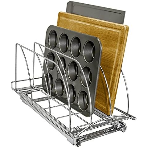 Lynk Professional® Slide Out Cutting Board, Bakeware, and Tray Organizer - Pull Out Kitchen Cabinet Organizer - 10 inch Wide x 21 inch deep - Chrome Cover