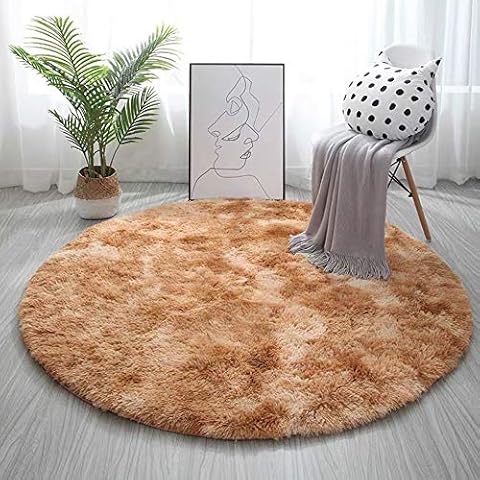 Round Silk Yoga Carpet for Living Room Bedroom And Bathroom Round Circle Plain Modern Shaggy Rugs Mats Circular Thick Soft Rug, Luxurious Furry Floor Pads for Living Room,Khaki,120CM Cover