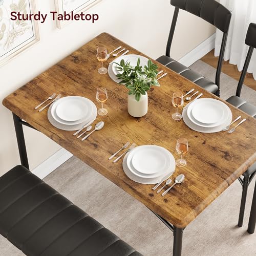GarveeHome Dining Table Set for 4, Kitchen Table with Upholstered Chairs and Bench, Wood Rectangular Dining Table and Chairs Set for Small Space, Apartment, Dinner, Rustic Brown
