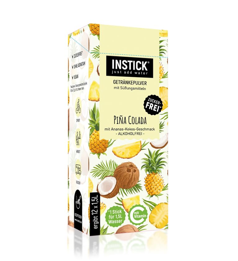 INSTICK (SABOR PIÑA COLADA) Bebida En Polvo Para Refrescos, Postres y Bebidas Calientes, Cero Azúcar, Cero Calorías, Aptos Diabéticos. Ideal Agua, leche, Postres (Para 1,5-2,5 litros de bebida)