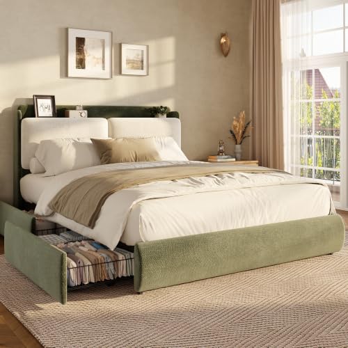 Image of Garvee Chenille Fabric Queen Size Bed Frame with 2 Storage Drawers - Green