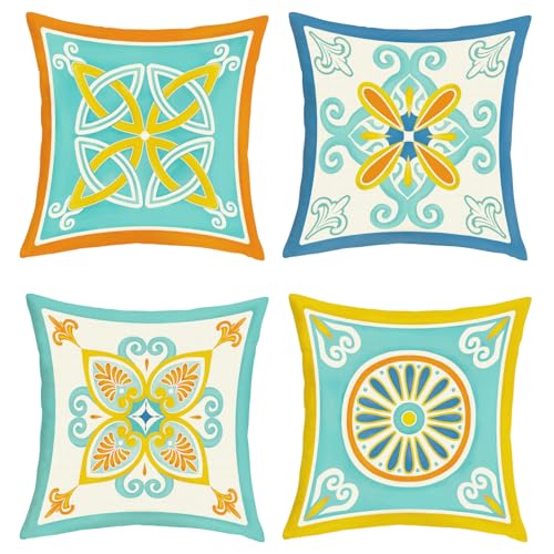 Joymaison Kissenbezüge 45x45 cm 4er Set Blume Mediterran Dekorative Kissenbezug Geometrisch Blumen Marokkanisch Mandala Deko Kissenhülle für Sofa Couch Schlafzimmer Wohnzimmer