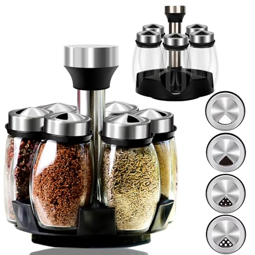 Aiareozy 6 Pots à Épices en Verre 120ml, Carrousel 360°, Rangement Cuisine, Boite, Tourniquet, Étagère, Porte-Épices