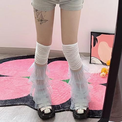 Image of Women Leg Warmers Ruffled Lace Patchwork Long Thigh High Socks Boot Cuffs Cover for Streetwear