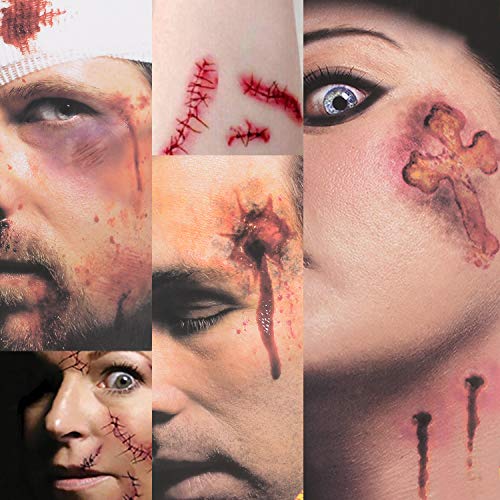 Halloween Wound Scars Tattoos - Horror Realistic Fake Bloody Wound Stitch Scar Scab Waterproof Temporary Tattoo Makeup Props